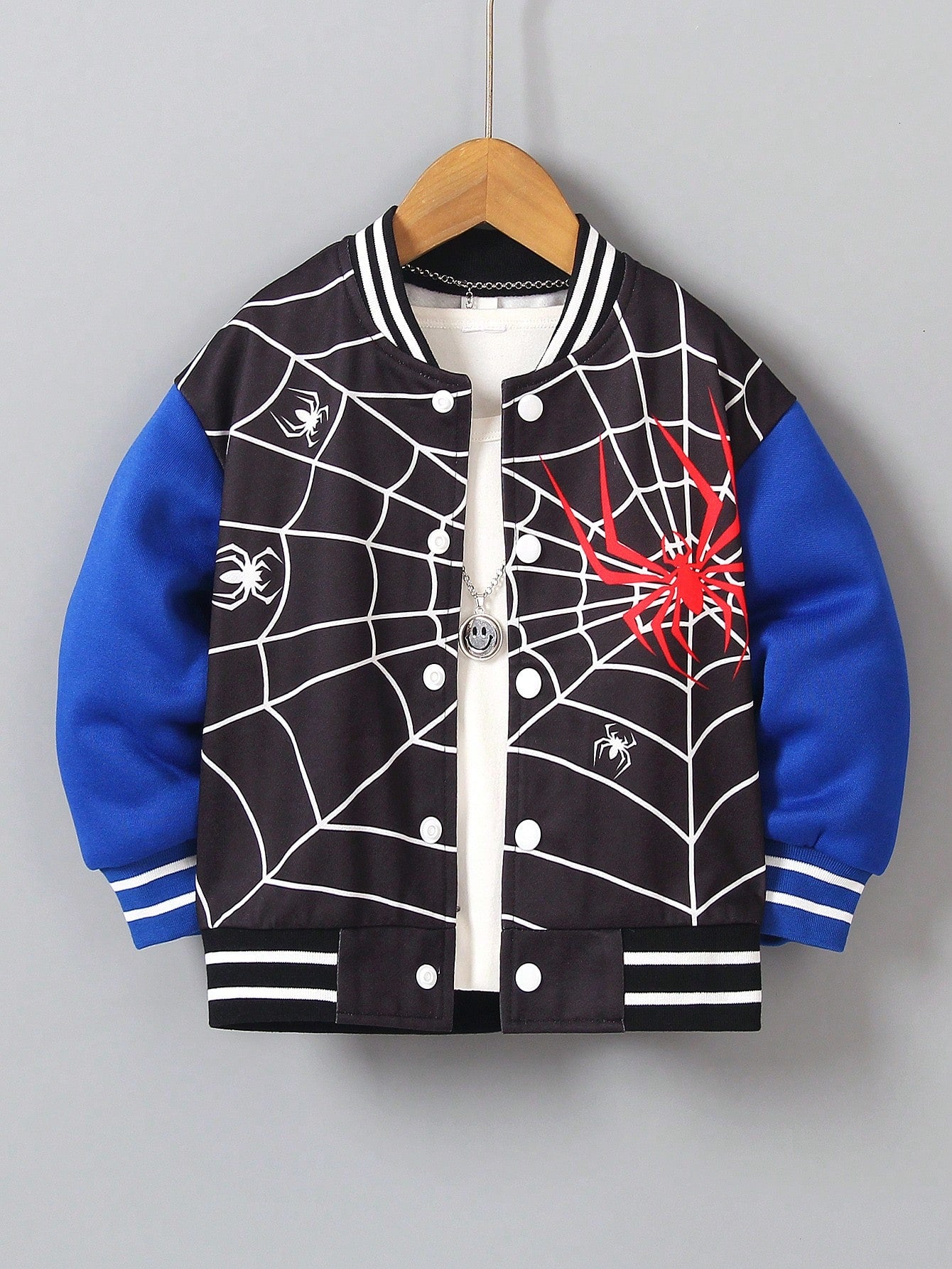 Young Boy Casual Colorblock Long Sleeve Jacket With Spider Printed Pattern