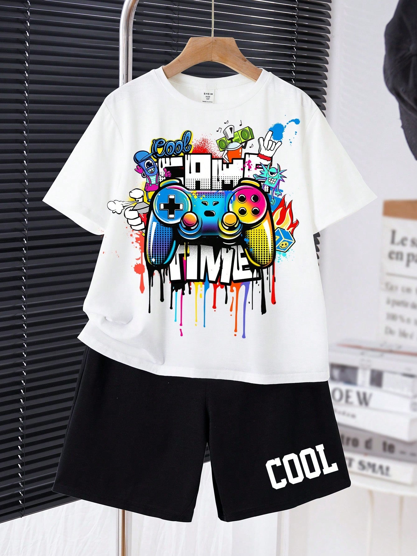 Tween Boy Extended Size Casual Simple Cartoon Game Machine Pattern Round Neck Short Sleeve T-Shirt And Shorts Set For Summer