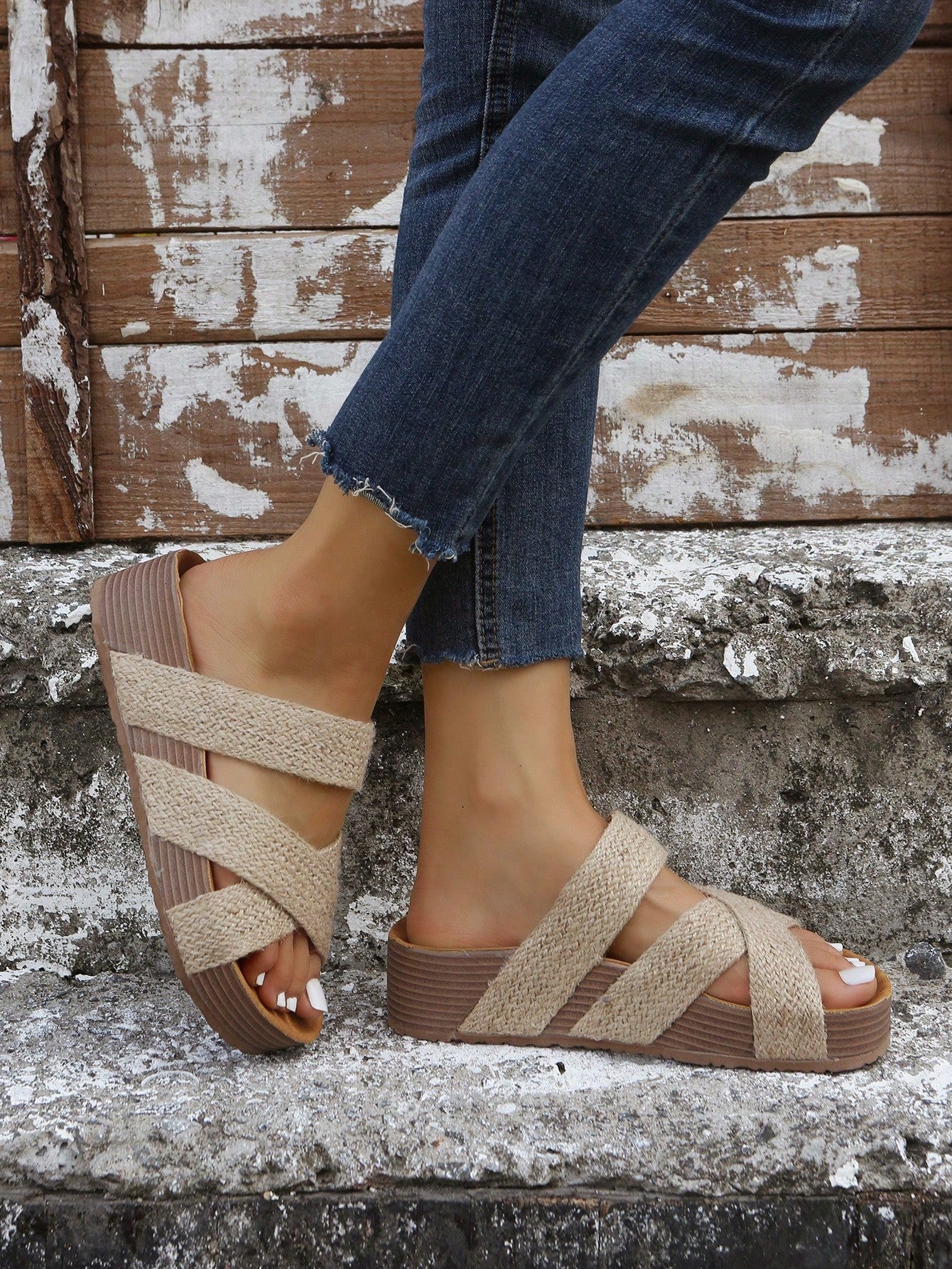 Vacation Coffee Brown Solid Wedges Slide Sandals For Women, Braid Detail Criss Cross Wedge Sandals