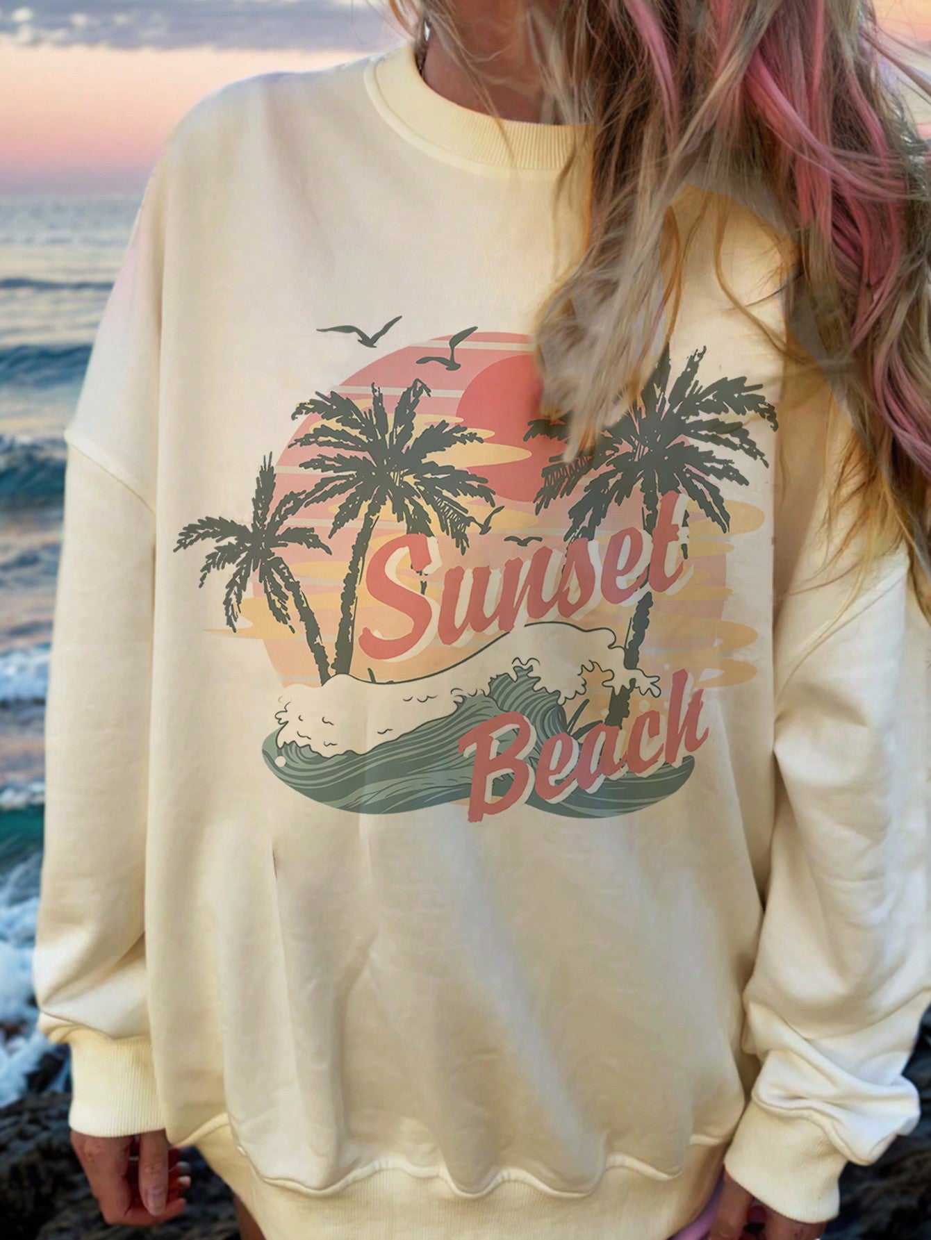 Beach Pattern & Ocean Creatures Print Casual Round Neck Casual Long Sleeve Sweatshirt For Women