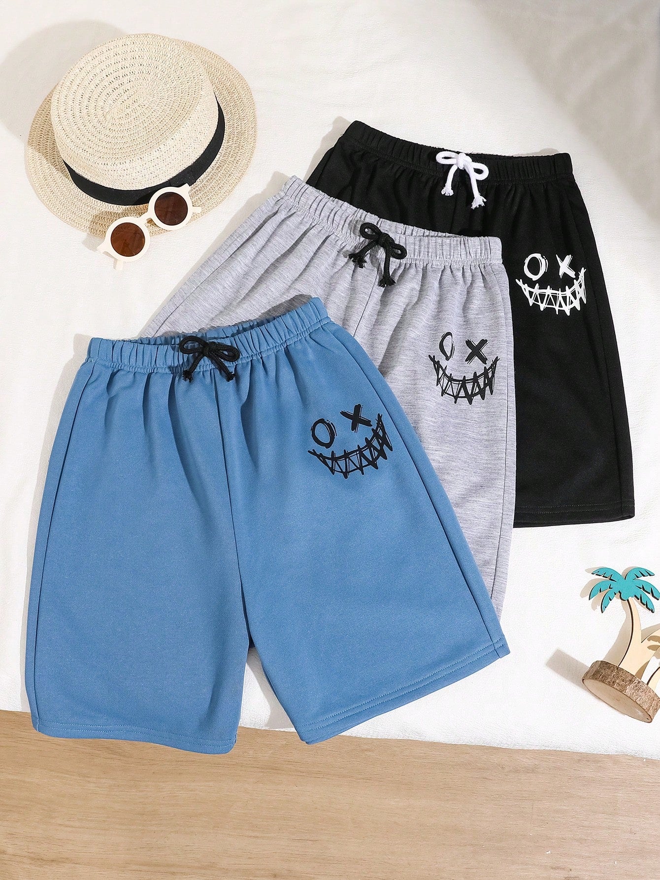 Tween Boy 3pcs/Set Vacation Style Printed Straight Loose Knitted Shorts, One In Each Of Three Colors