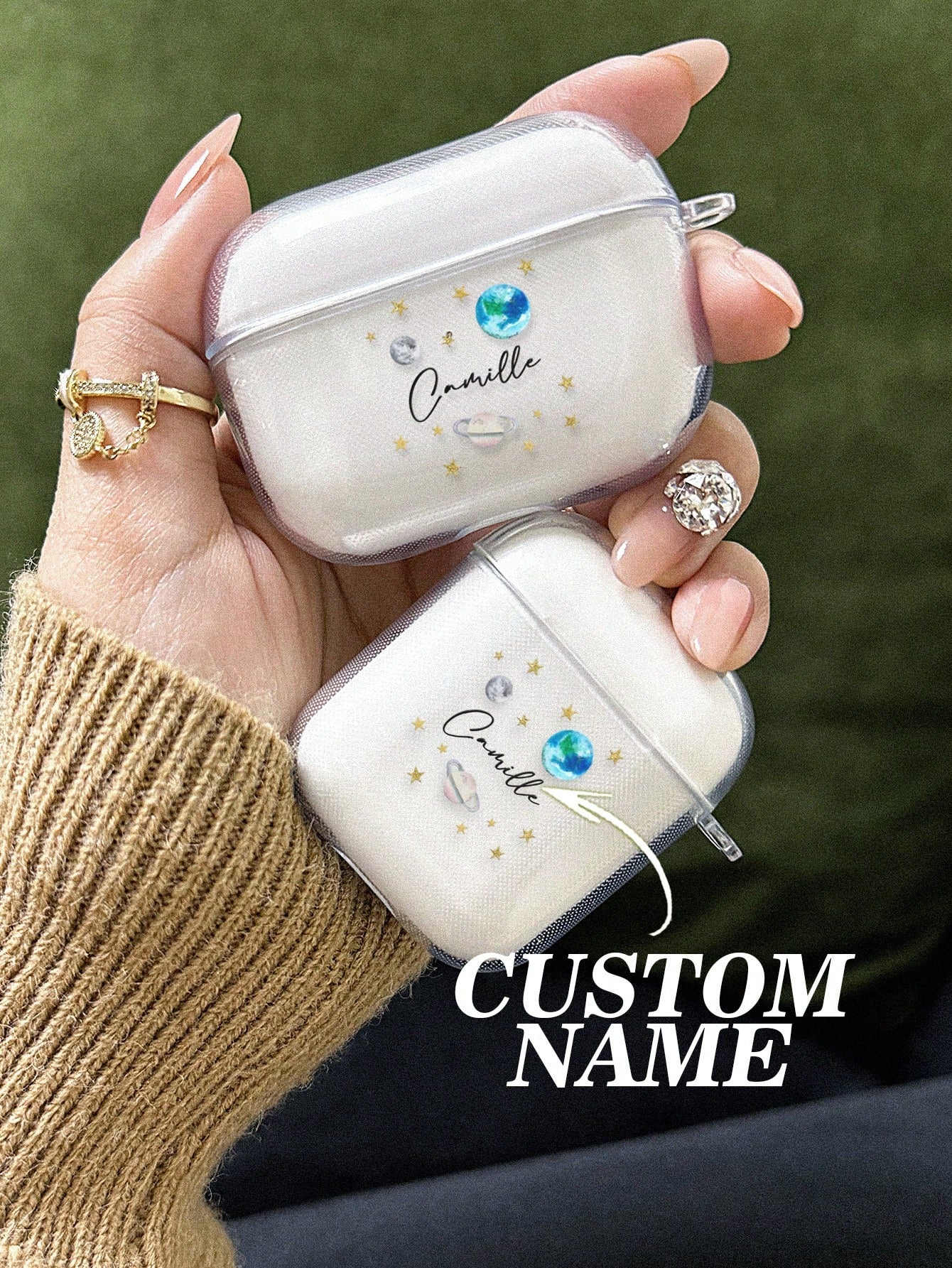 1pc Custom AirPods Case, Personalized Name And Photo AirPods Cover, Space Airpod Case, Star, Moon, Air Balloon, Customized Transparent TPU Shell, For AirPods 1/2/3/Pro/Pro 2, Prevent Scratches, Dust, Wear And Tear, Romantic Present For Her/Him, Anniversar