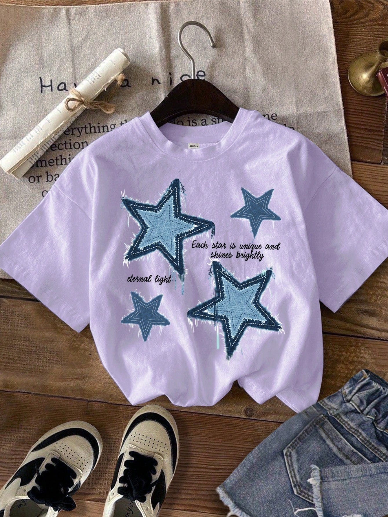 Tween Girl Casual Simple Star Printed T-Shirt, Summer