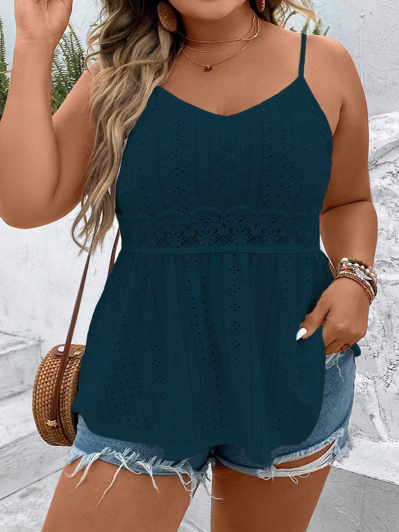 Plus Eyelet Embroidery Peplum Cami Top