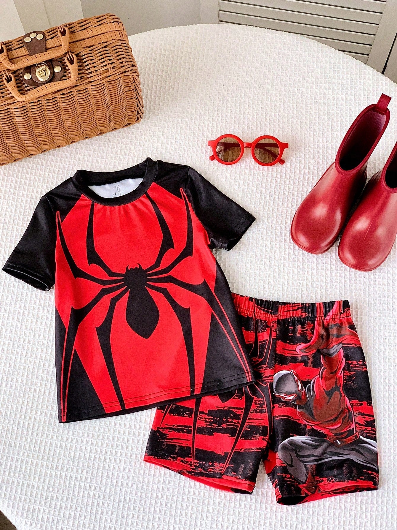 Young Boy Summer Casual Spider Element Printed Round Neck Short Sleeve Compression Swimwear And Knitted Shorts Set