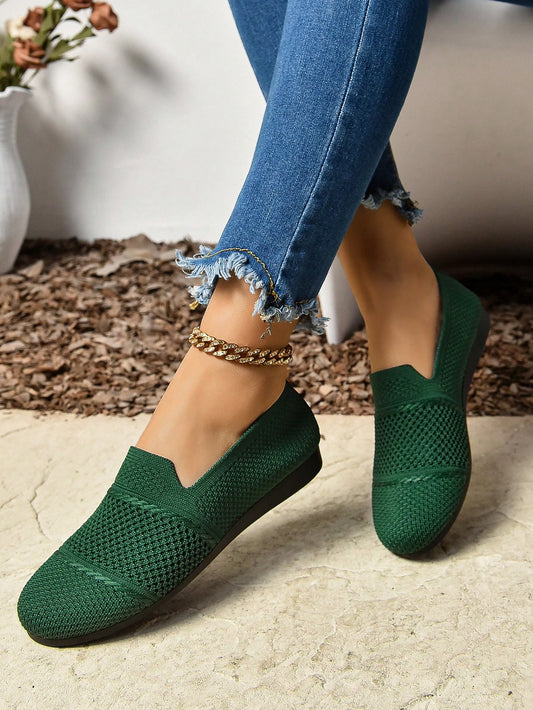 Women's Solid Color Knitted Flat Shoes, Low Cut Breathable Flats, Comfortable Soft Bottom Shoes