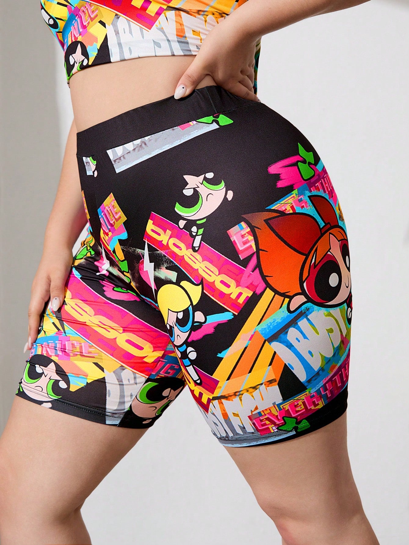 Plus Size Casual Cartoon And Letter Printed Biker Shorts For Summer