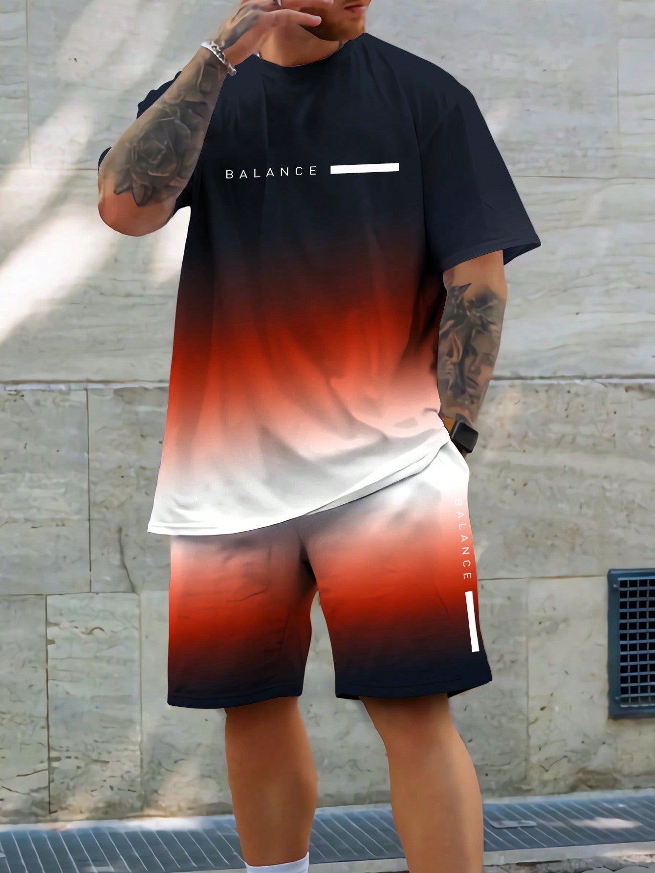 Men'S Gradient Letter Print Short Sleeve T-Shirt And Shorts Two Piece Set