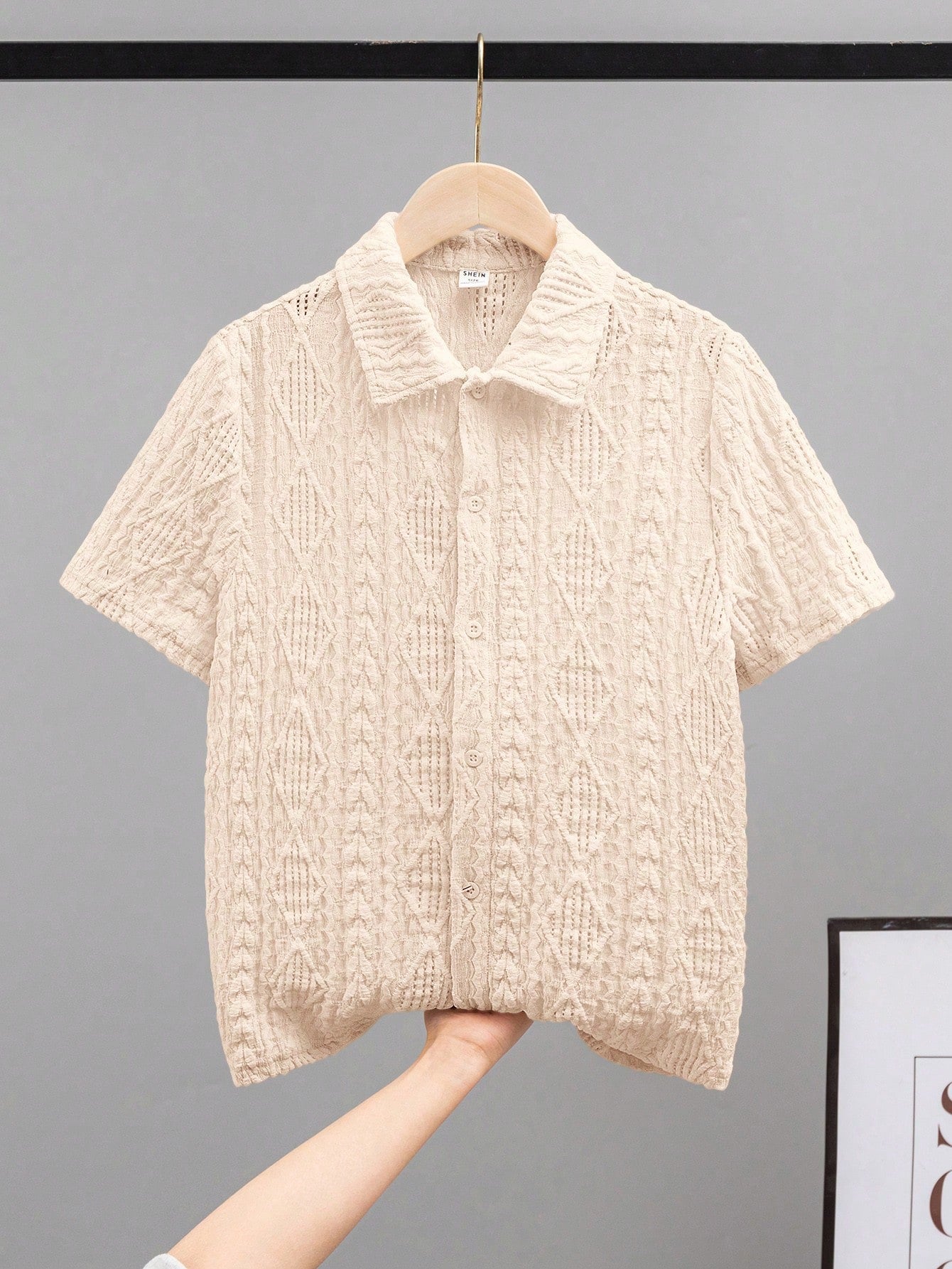 Tween Boy Loose Comfortable Casual Jacquard Short Sleeve Shirt With Turn-Down Collar