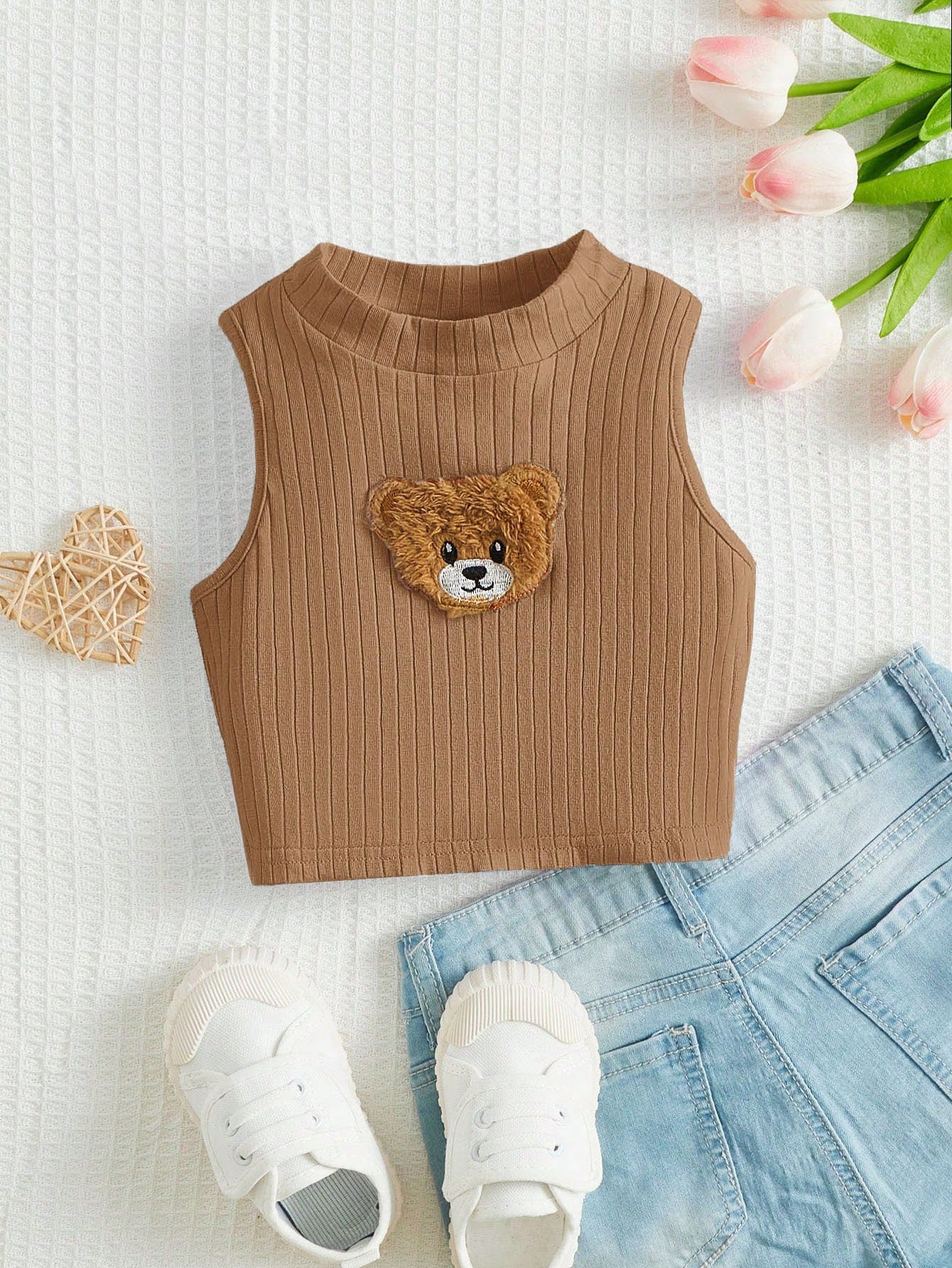 Solid Color Small Turtleneck Short Young Girl Bear Sticker Detail Tank Top For Summer