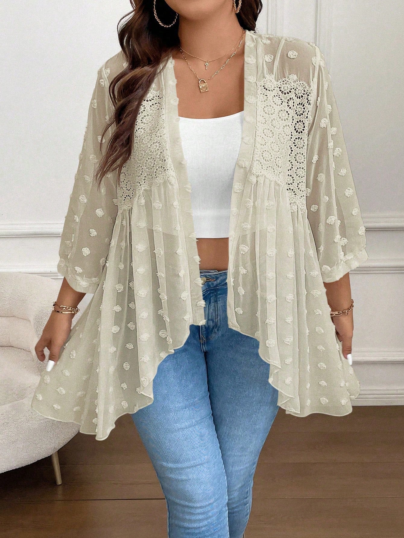 Plus Size Women's Fashionable Summer 3d Polka Dot Irregular Hem Jacket