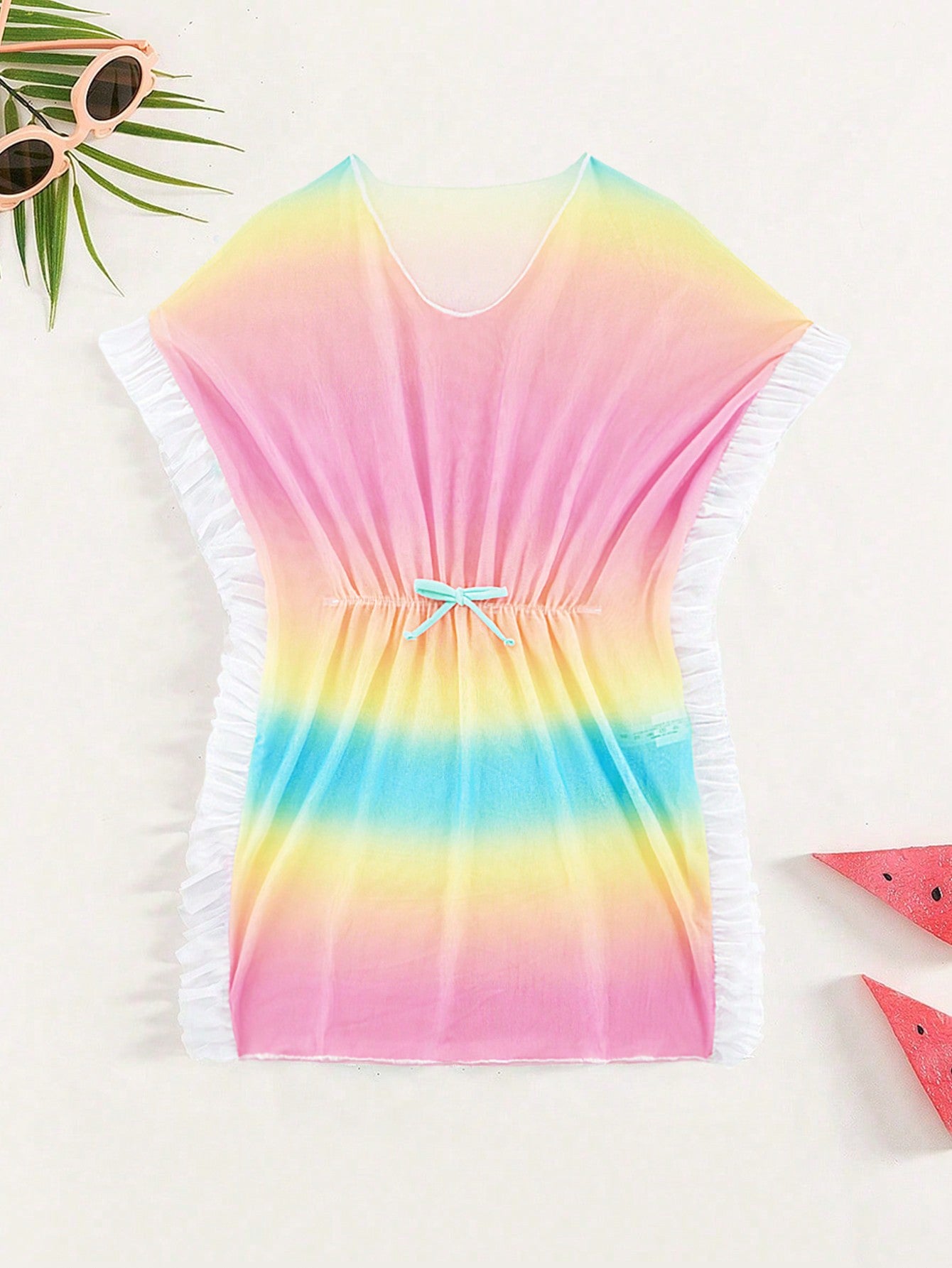 Tween Girl Ombre Ruffle Trim Knot Front Cover Up Bathing Suit Beach Cover Up Dress