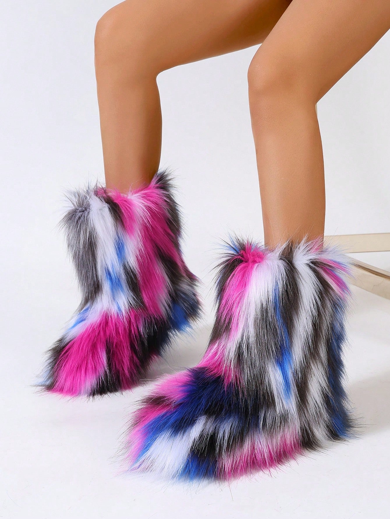 Women's Colorful Plush Snow Boots, Thickened, Fashionable And Warm, Faux Fur, Long Plush, Jacquard Stripe, Mid-Calf Boots