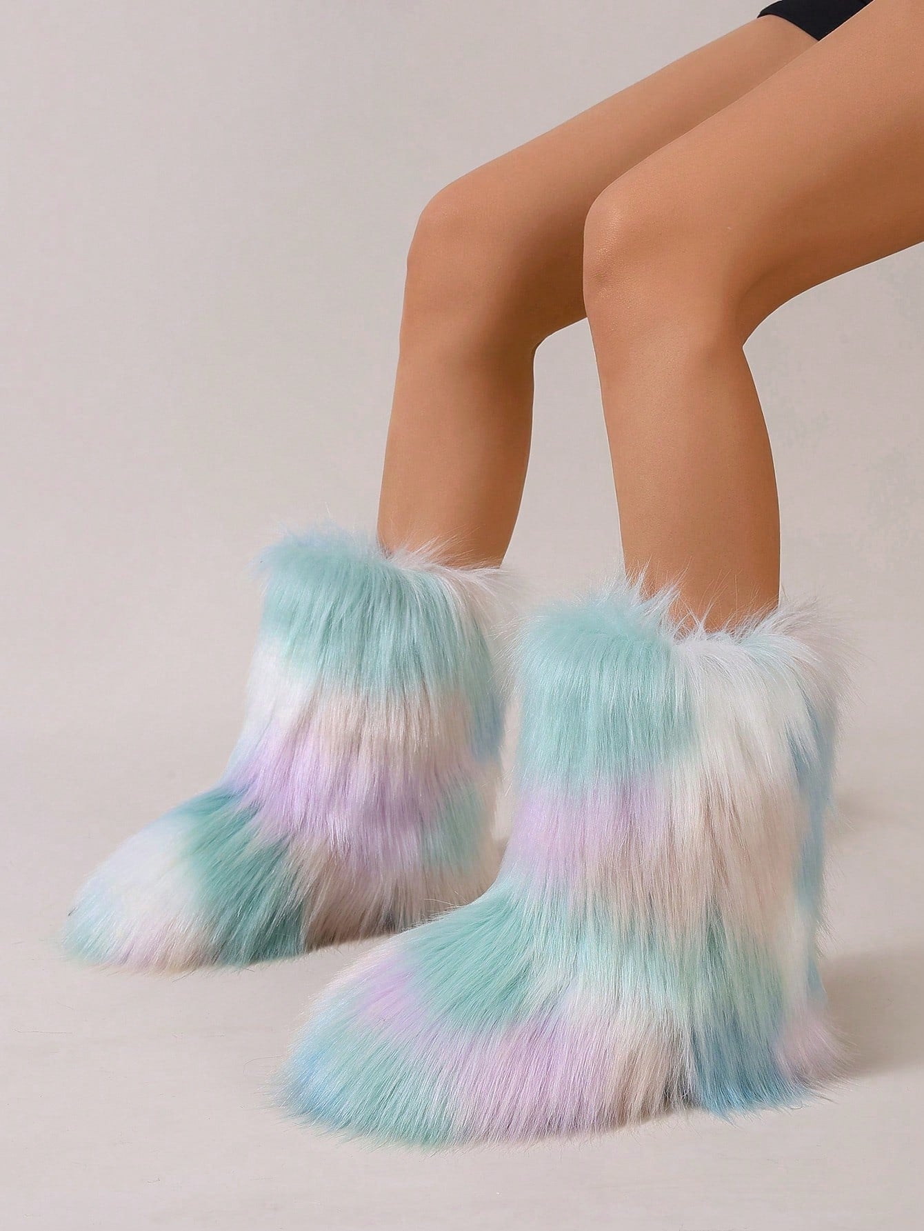 Women's Colorful Plush Snow Boots, Thickened, Fashionable And Warm, Faux Fur, Long Plush, Jacquard Stripe, Mid-Calf Boots