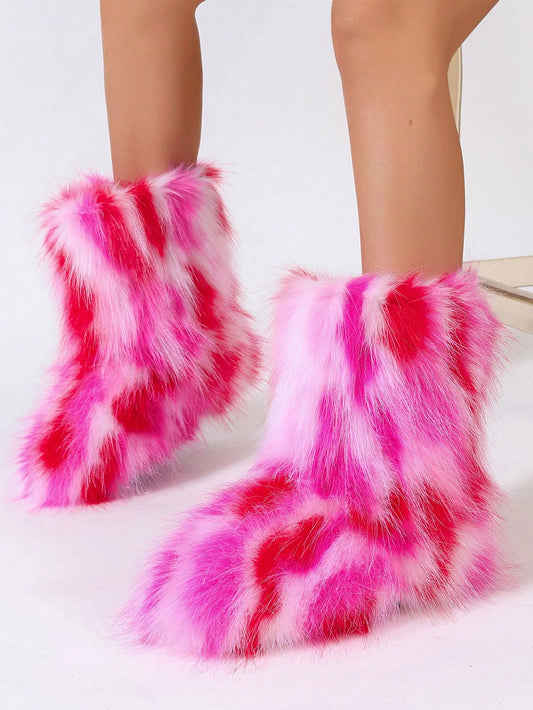 Women Colored Pink Plush Snow Boots Fashionable Thickened Warm Faux Fur Mid-Tube Boots With Striped Pattern, Fluffy Jacquard Decoration And Fleece Lining