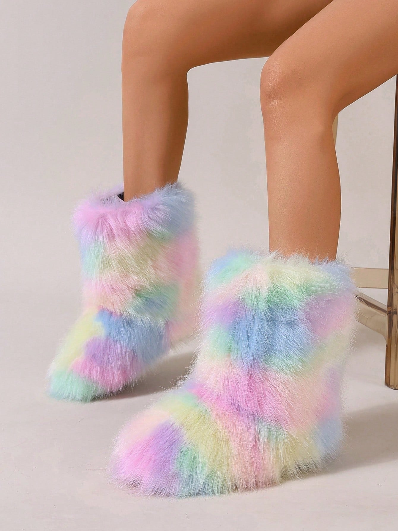 Women's Colorful Plush Snow Boots, Thickened, Fashionable And Warm, Faux Fur, Long Plush, Jacquard Stripe, Mid-Calf Boots