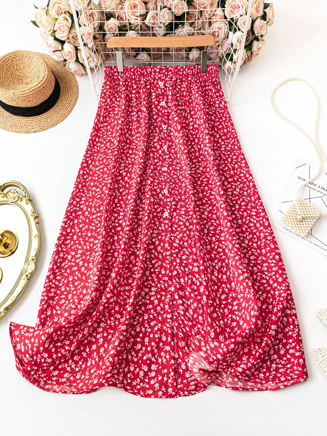 Plus Size Vacation Leisure Front Button Floral Print Skirt