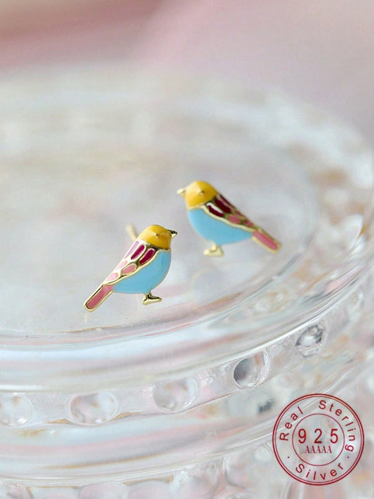 1pair 925 Sterling Silver Simple & Elegant Enamel Colorful Bird Stud Earrings For Women/Students