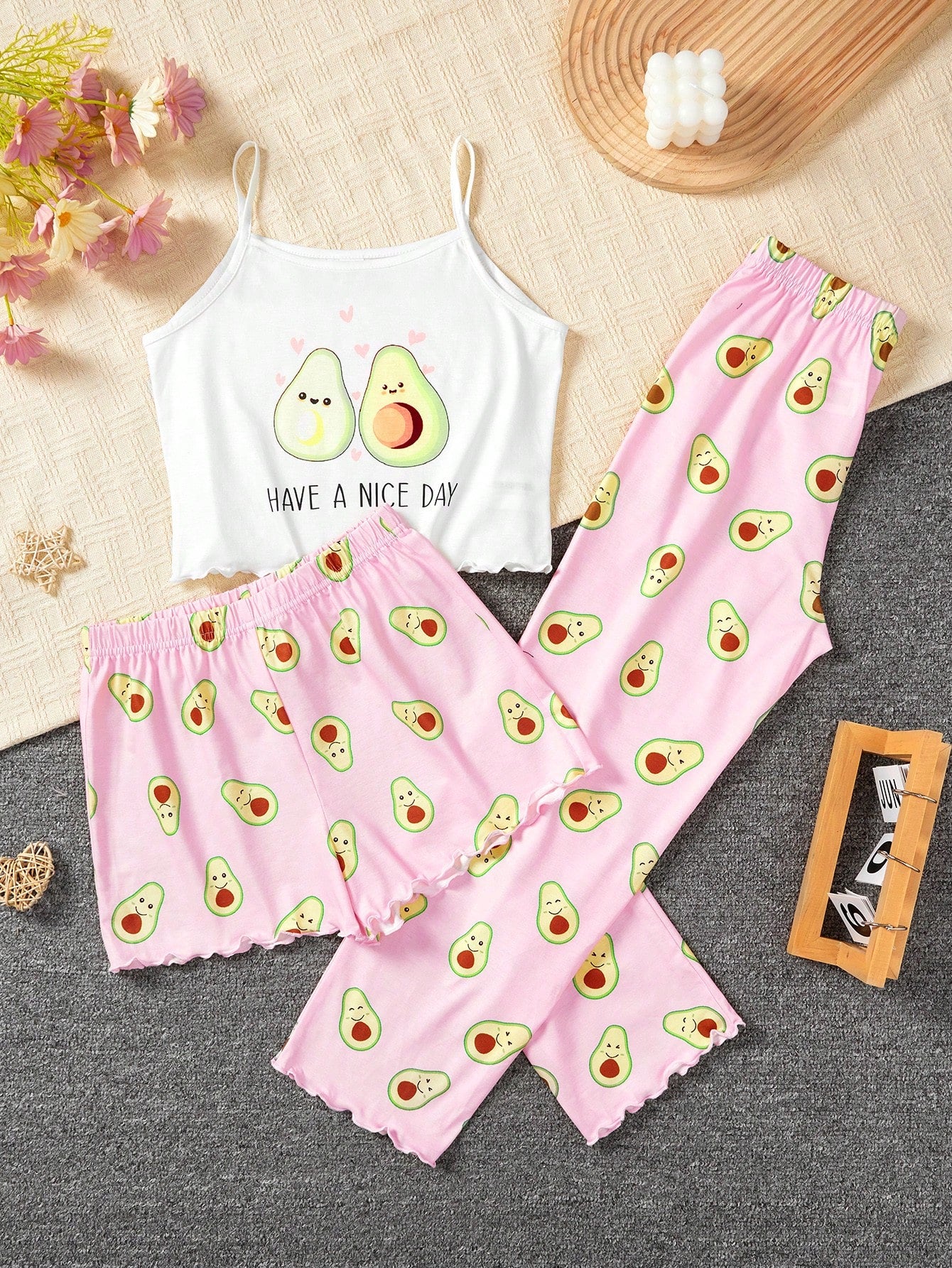 Tween Girl 3pcs Sleepwear Set, Including Avocado Printed Camisole, Shorts And Long Pants