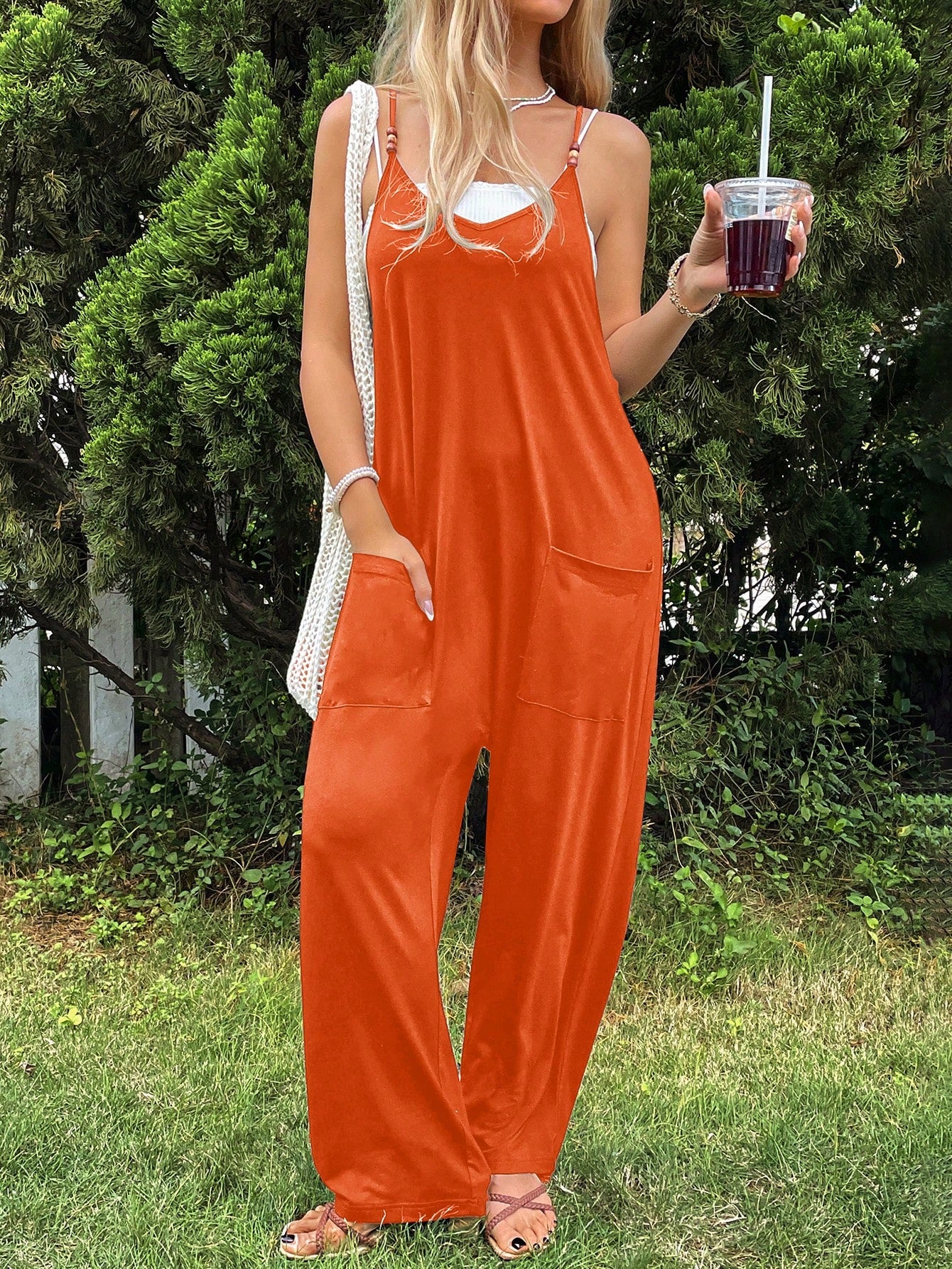 Women'S Vacation Style Halter Neckline Jumpsuit With Double Pockets