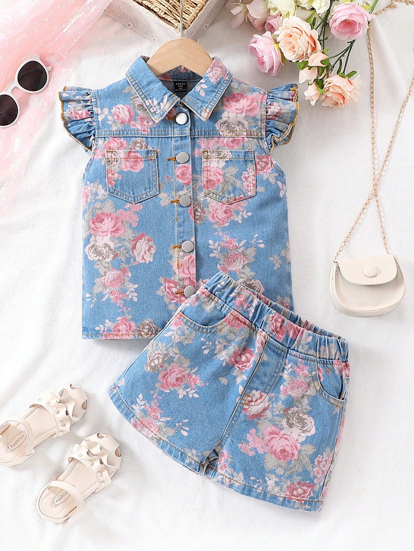 Young Girl  Retro Rose Printed Light Wash Denim Top And Elastic Waist Shorts Two Piece Sets For Vacation