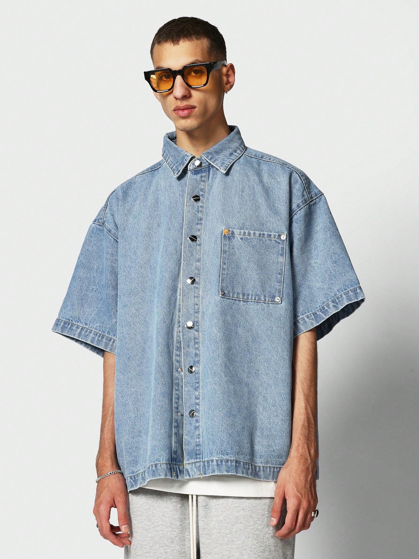 Oversized Fit Short Sleeve Denim Shirt With Front Pocket College Ready