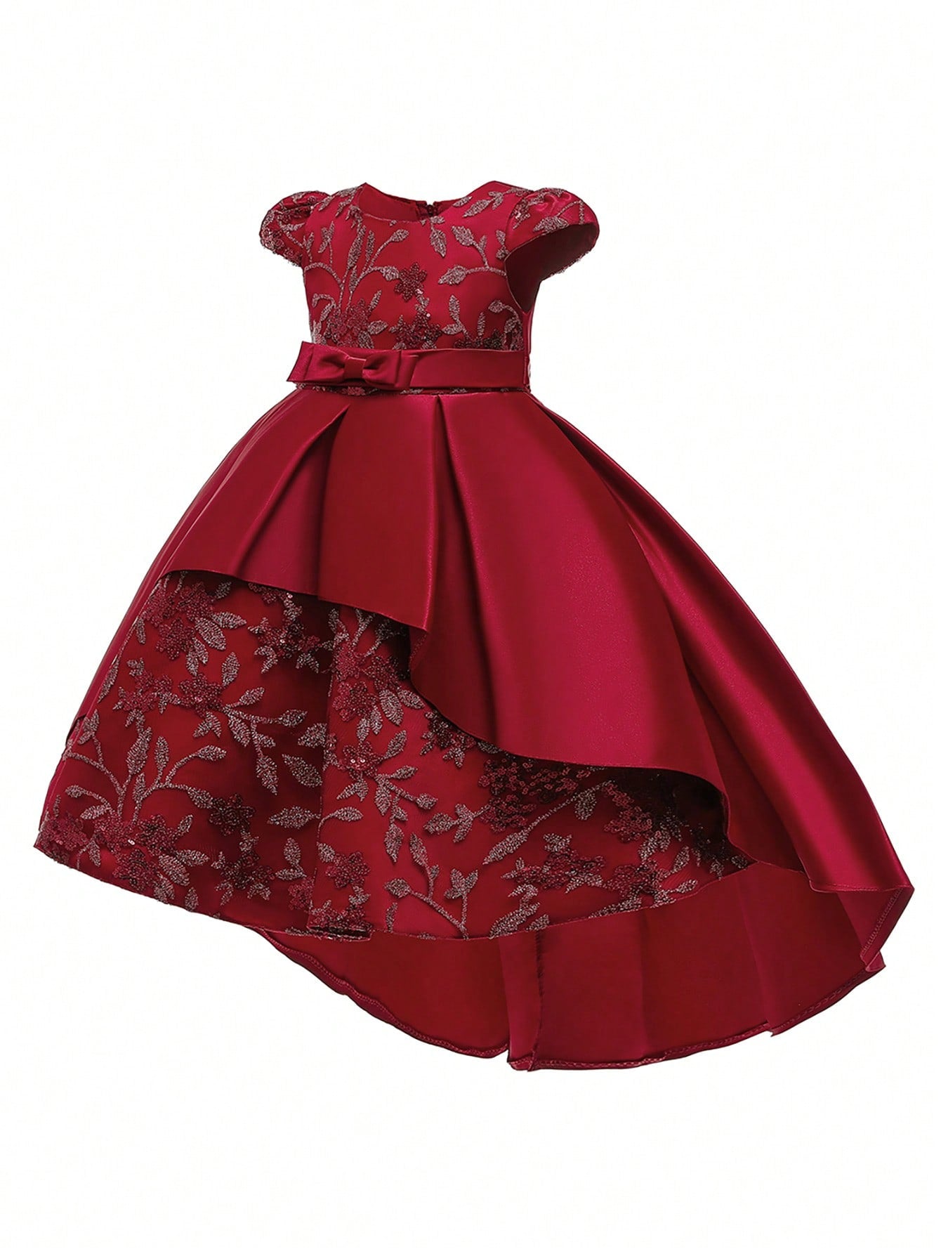 Young Girl Plain Satin Embroidered Bow Decorated Gorgeous Flower Girl Party Dress