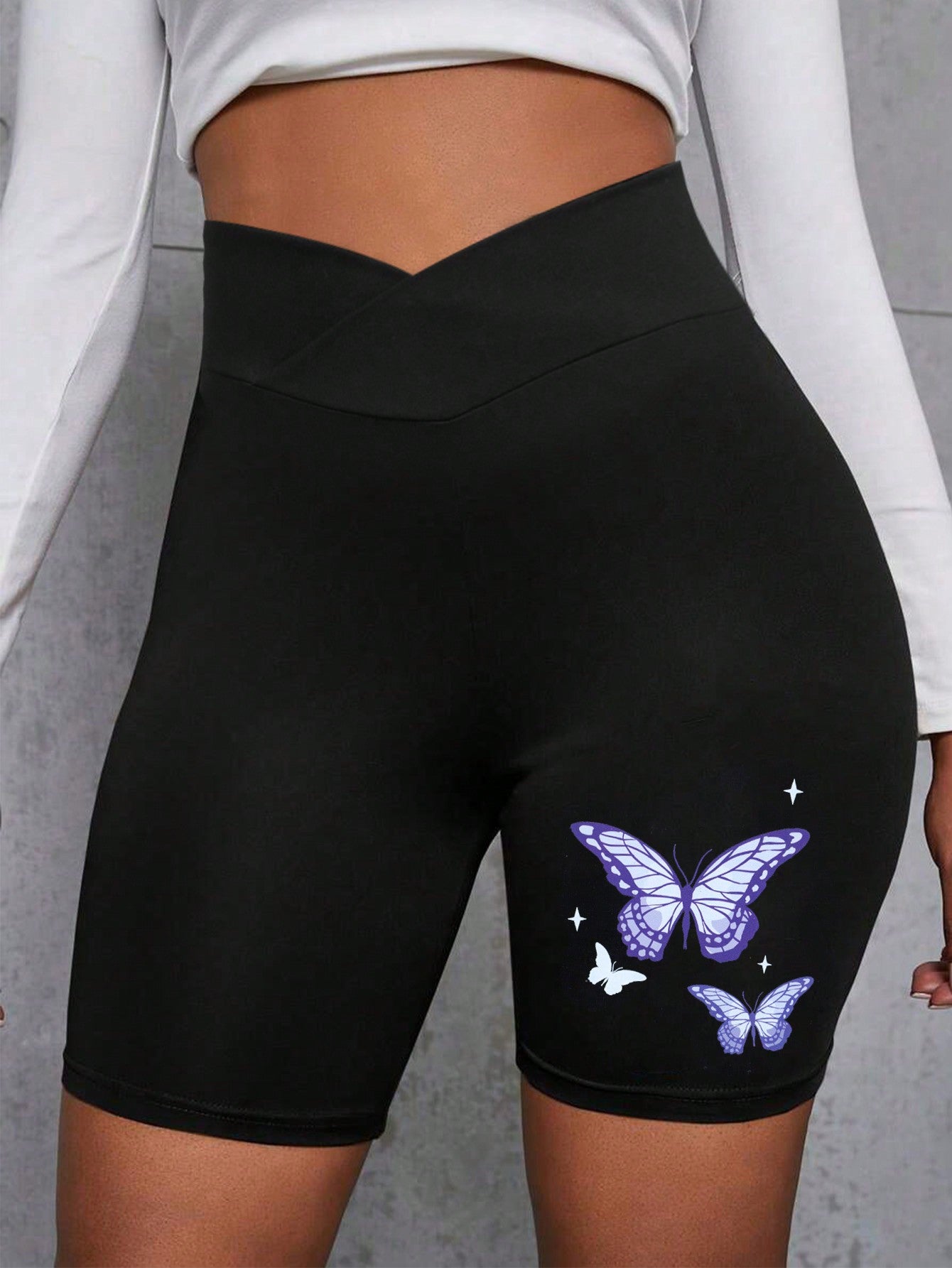 Teen Girl Casual Simple Purple Butterfly Printed Black Shorts For Summer