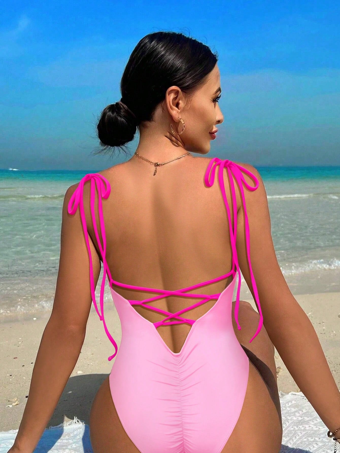 Swim Summer Beach Women's Solid Color Backless One-Piece Swimsuit