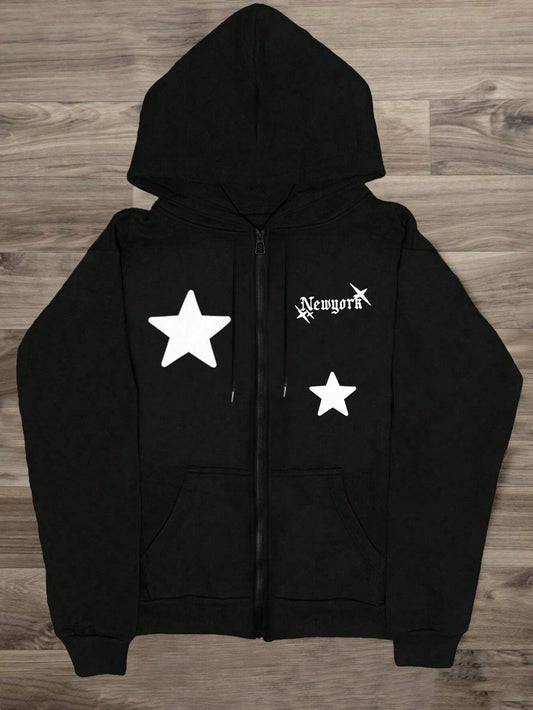 Men's Kangaroo Pocket Zip-Up Jacket With Letter And Star Pattern