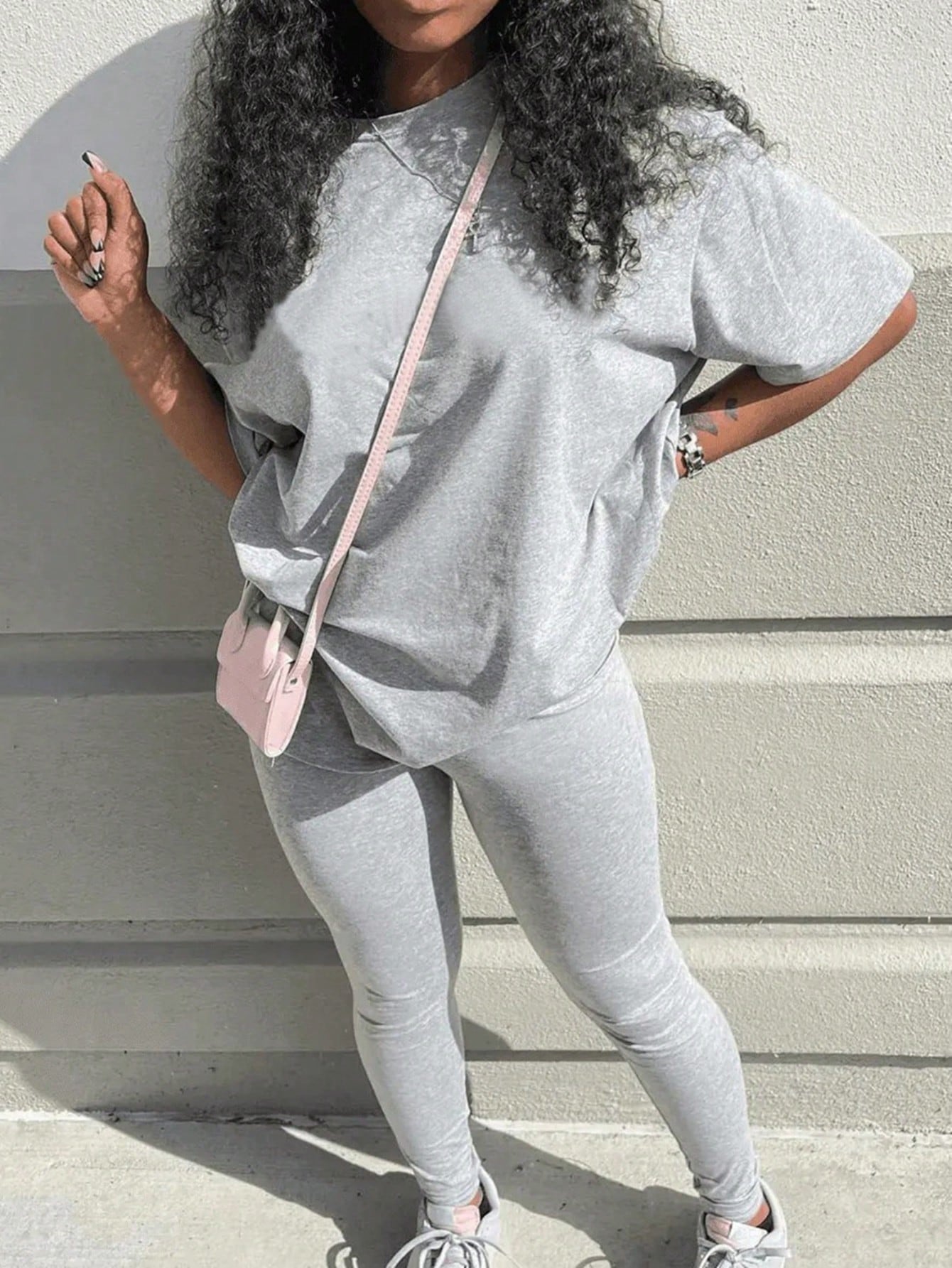 Solid Drop Shoulder Tee & Leggings, Women Two Piece Set