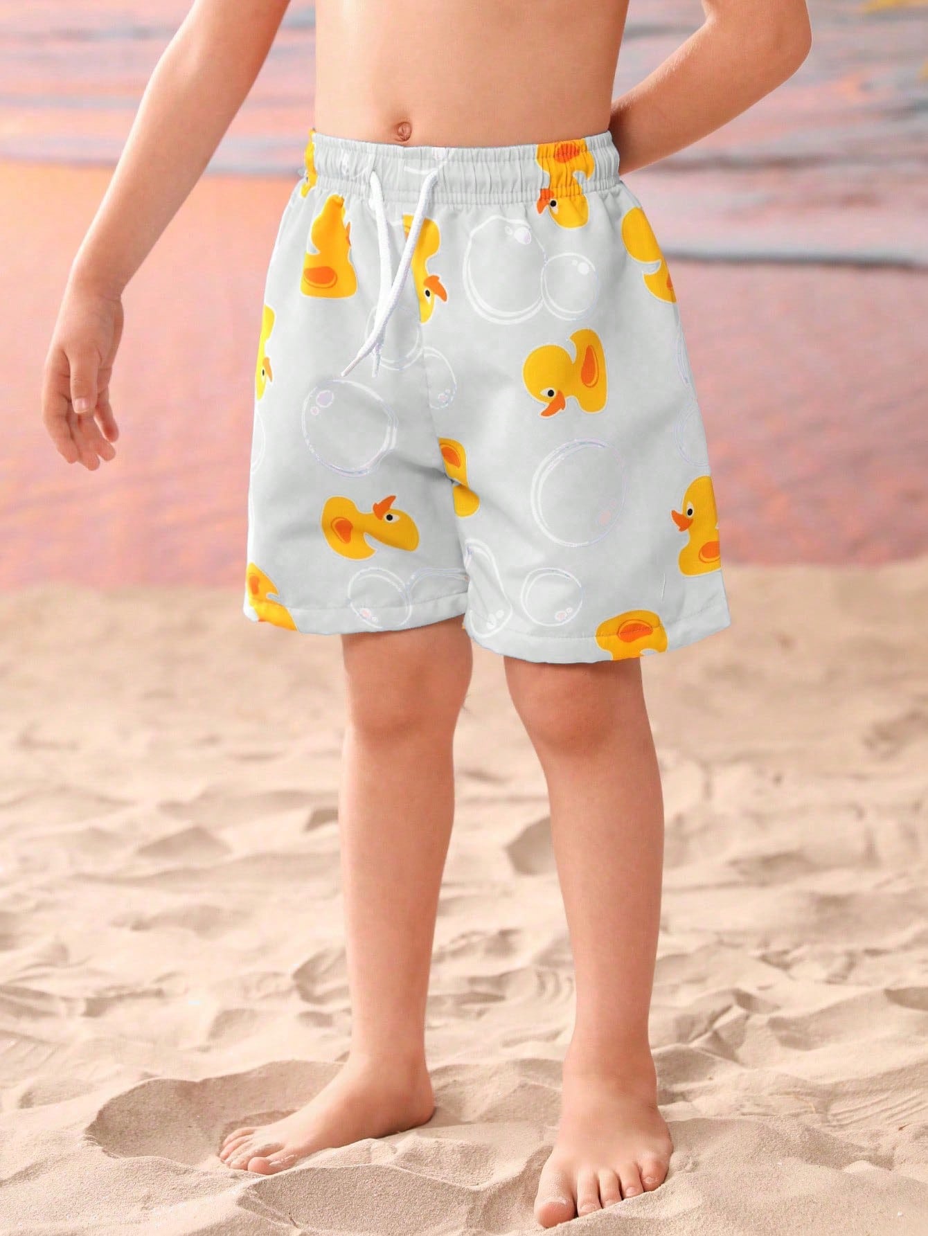 Young Boy Cartoon Duck Pattern Square Swim Trunks