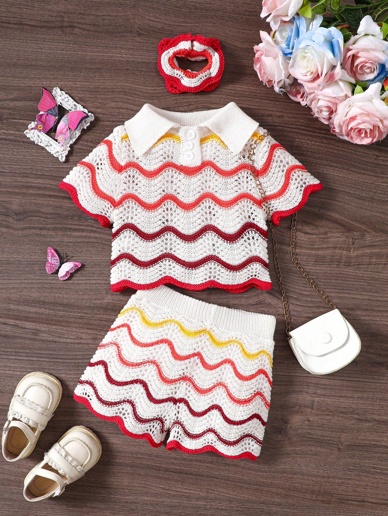 2pcs Young Girl Polo Collar Short Sleeve Knit Sweater And Ombre Wave Print Shorts Set