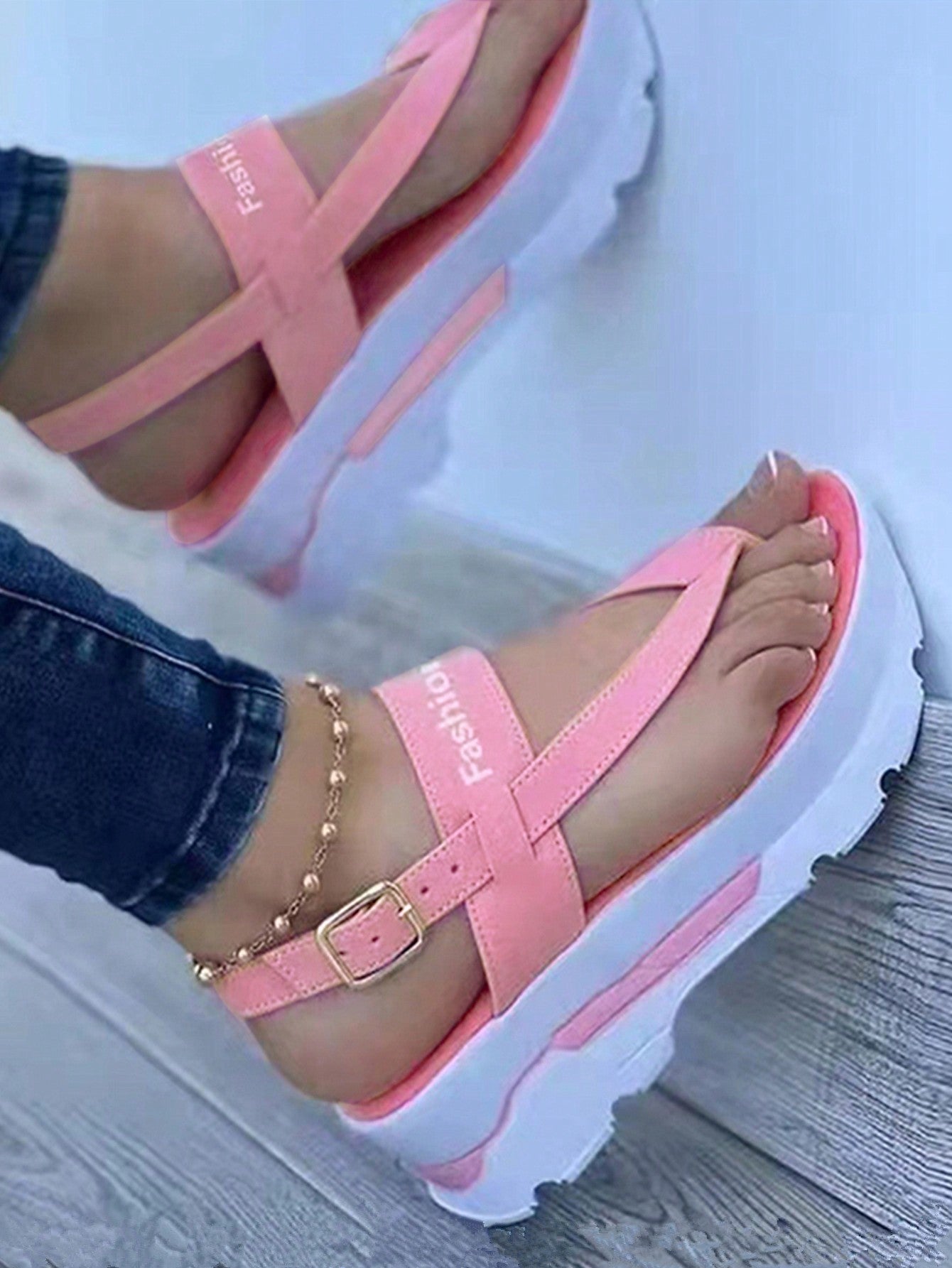 Women's Cross-Border Size 43 Platform Sandals With Toe And Foot Rings, Buckle Strap, Anti-Slip Wedge Heel And Thick Bottom