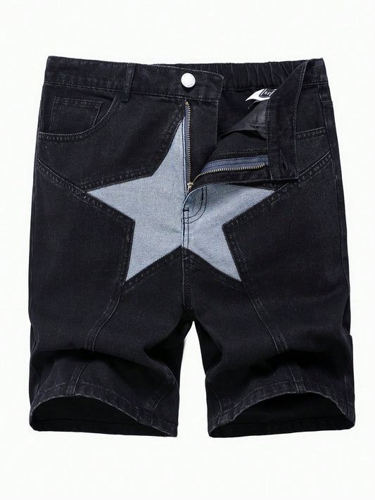 Teen Boy Casual & Fashionable Patchwork Star Pattern Straight Leg Black Denim Shorts For Summer