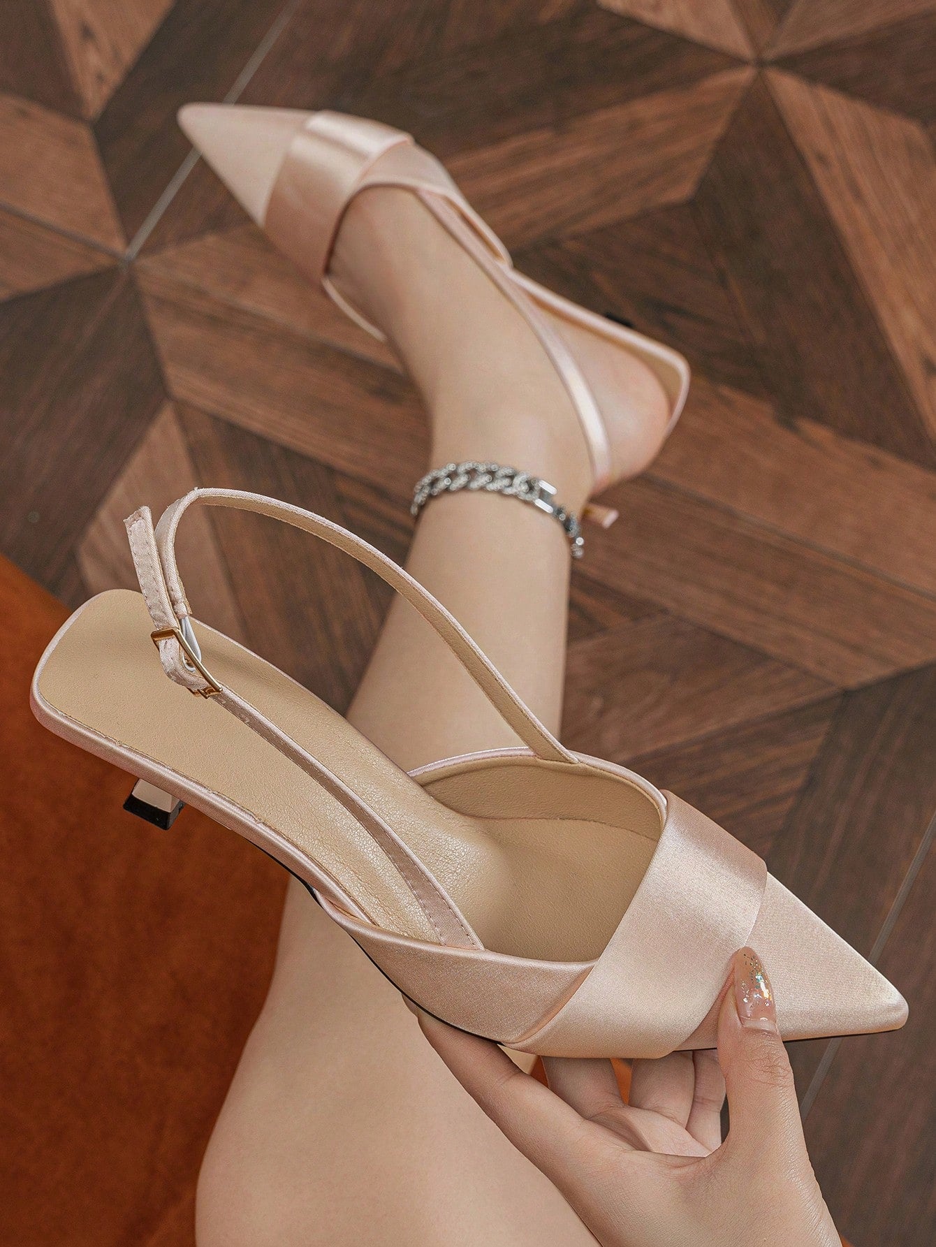 Women's Pointed Toe Slingbacks With Buckle Design, Elegant Daily Wear For Outdoor Activities Such As Shopping, Coffee, Etc. In Spring/Summer Season. Brown Satin Material, High Heeled Shoes Suitable For Matching Dresses.