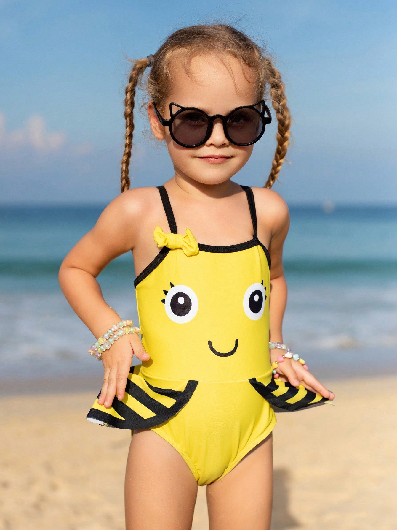 Young Girl Cartoon Printed Leopard Pattern Ruffle Trimmed One-Piece Swimsuit