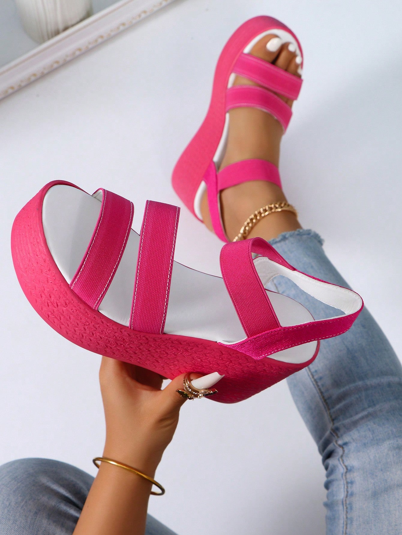 Women Fashionable Floral Decor Wedge Heel Thick Bottom Hot Pink Sandals For Outdoor Wear