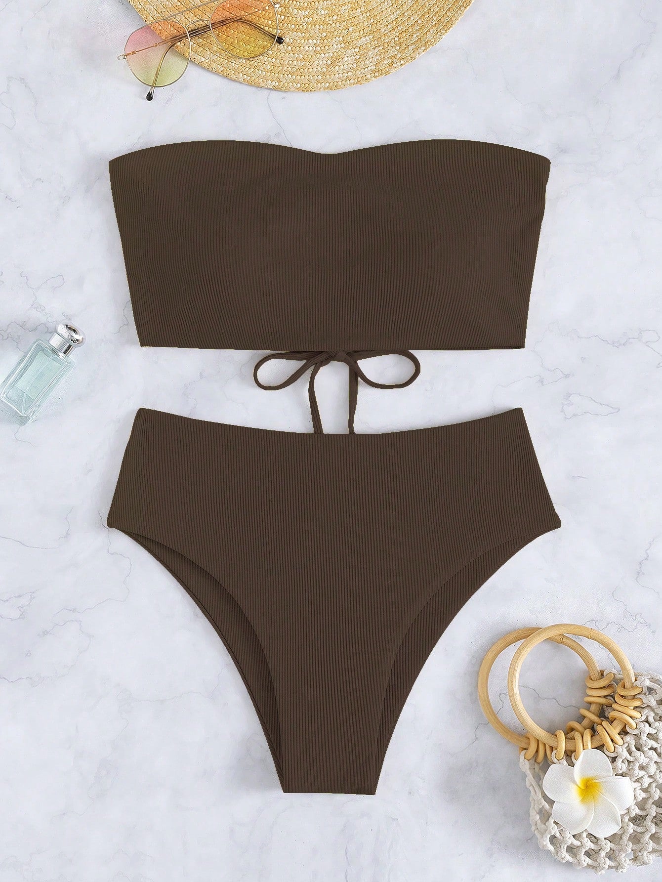 Swim Summer Beach Rib-Knit Bikini Set Lace Up Bandeau Bra Top & High Waist Bikini Bottom 2 Pieces Bikini