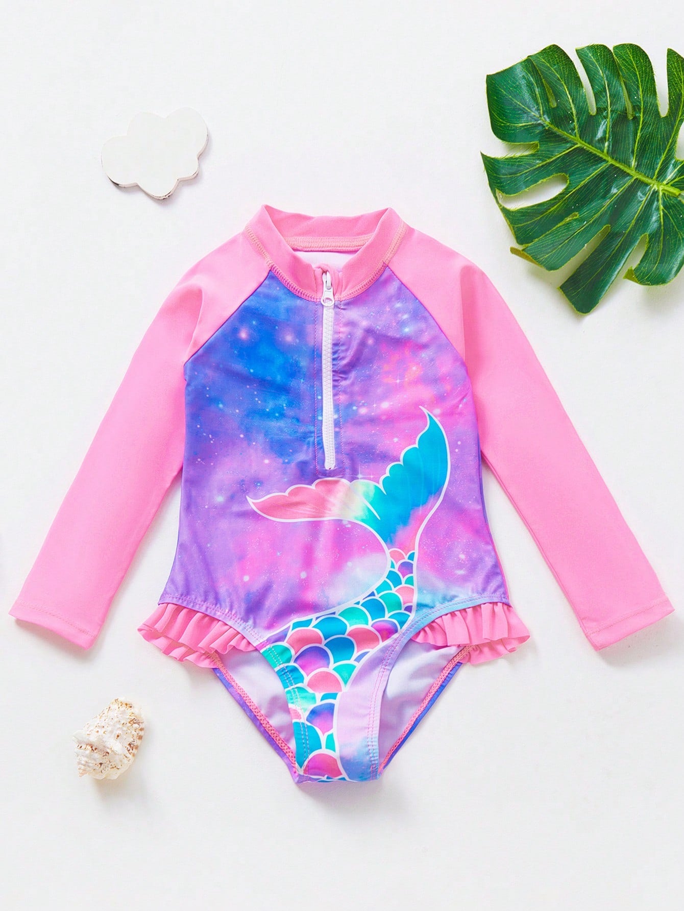 Young Girl Purple Galaxy Mermaid Print One Shoulder Long Sleeve Swimsuit