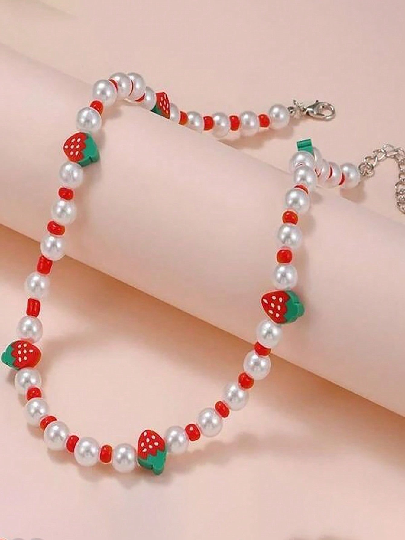 1pc Simple And Cute Strawberry Shaped Faux Pearl Beaded Necklace, Suitable For Girls