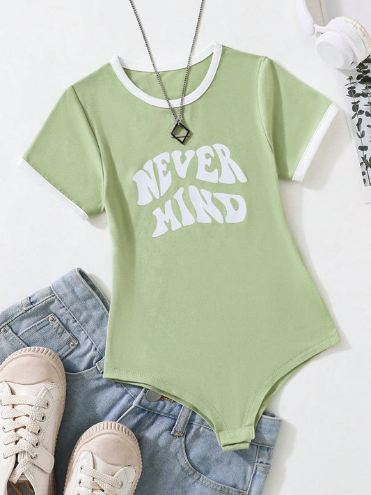 Tween Girl Summer Casual Street Style Letter Print Contrast Color Short Sleeve Bodysuit With Round Neck