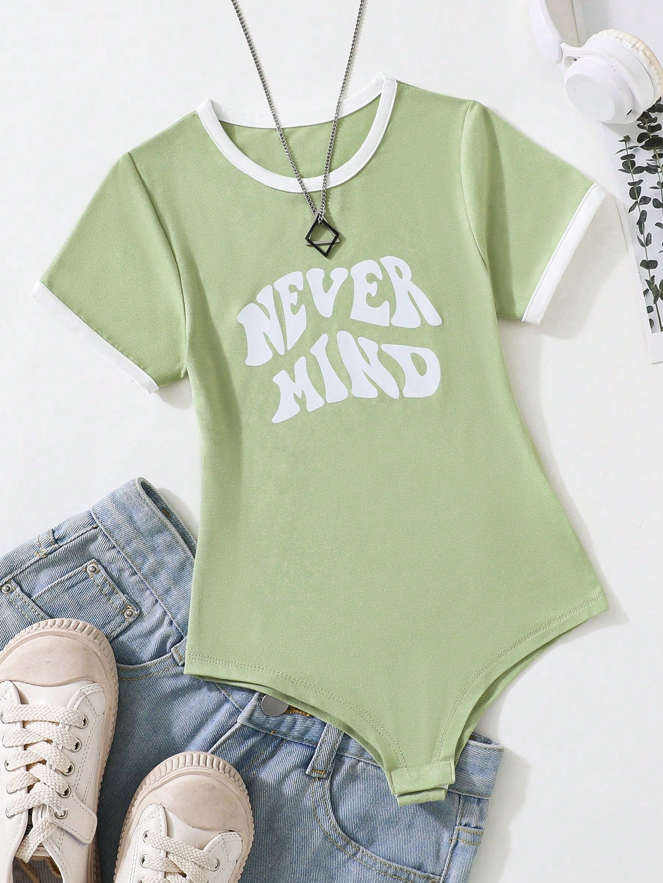 Tween Girl Casual Streetwear Letter Print Bodysuit