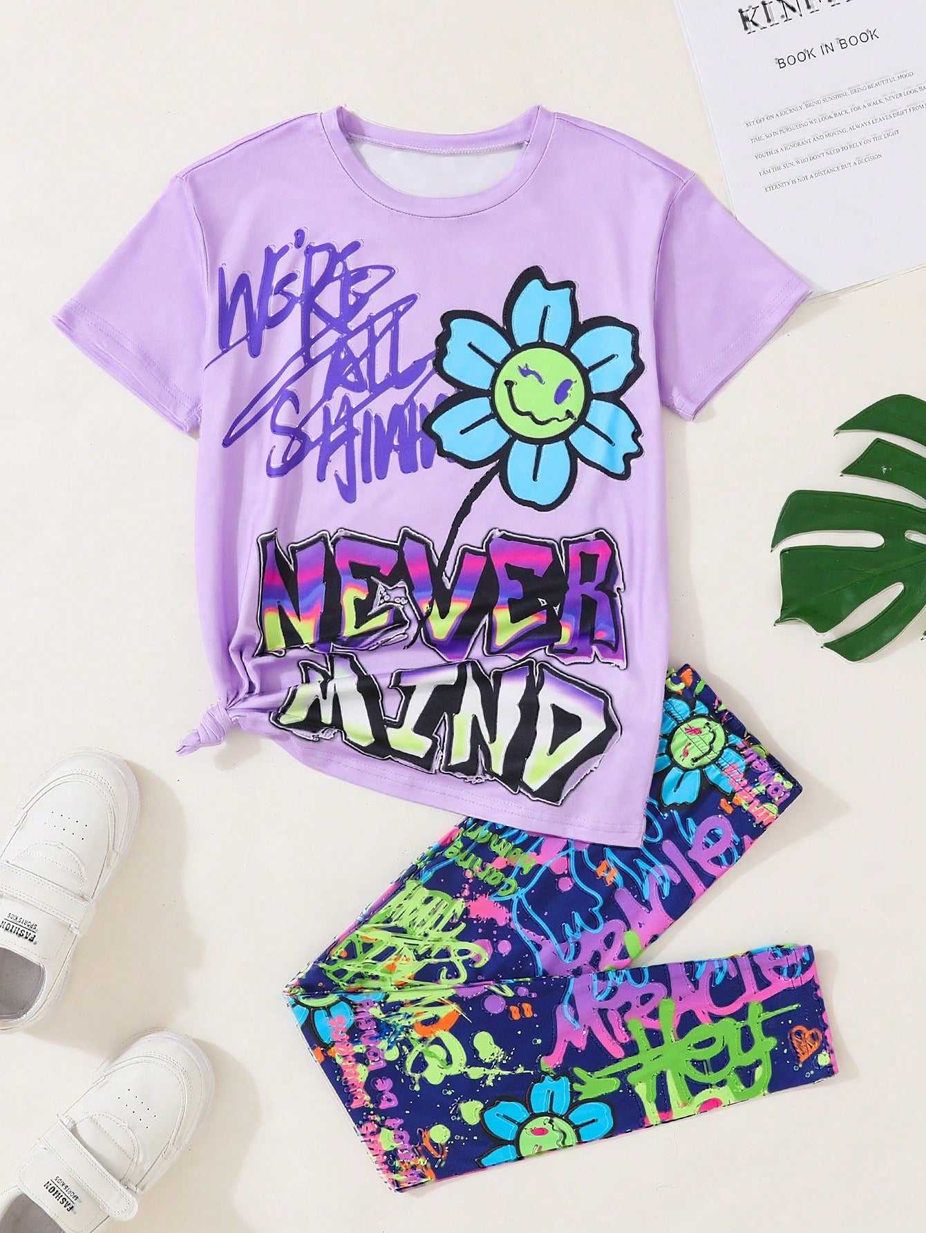 Tween Girls' Casual Street Style Letter & Floral Printed T-Shirt And Leggings Set