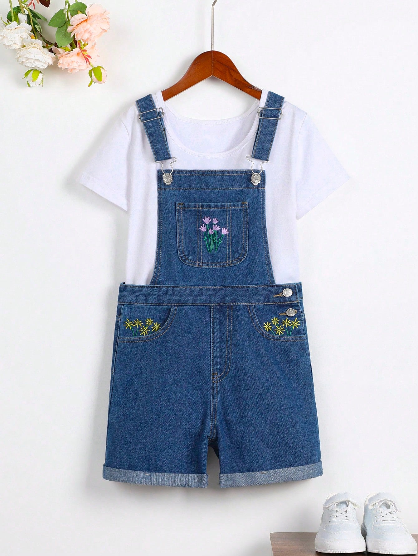 Tween Girl Summer Casual Flower Embroidered Denim Overalls