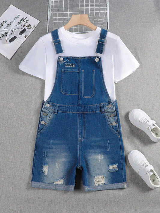 Teen Girl Summer Casual Letter Embroidery Distressed Frayed Denim Overall Shorts