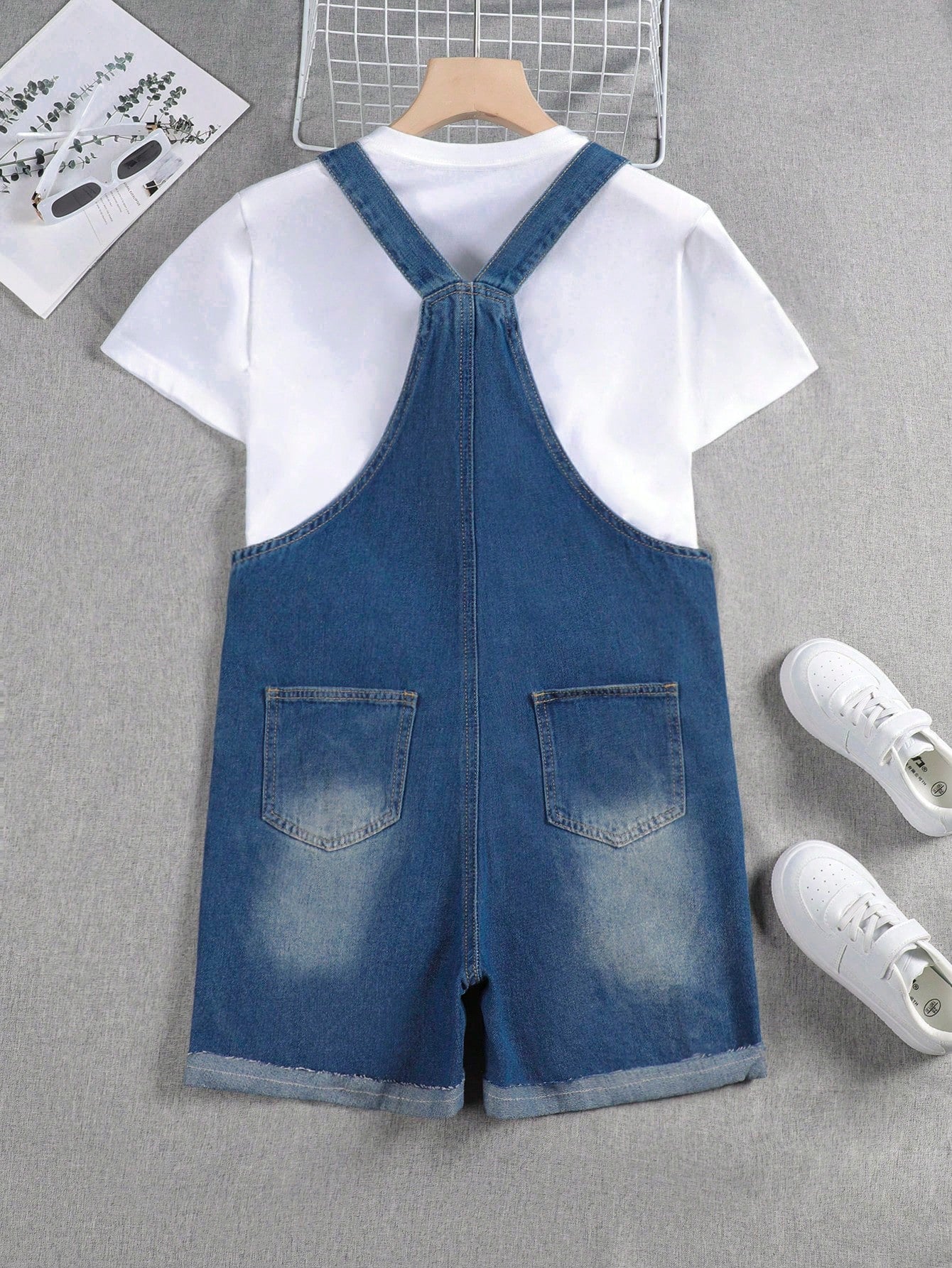 Teen Girl Summer Casual Letter Embroidery Distressed Frayed Denim Overall Shorts