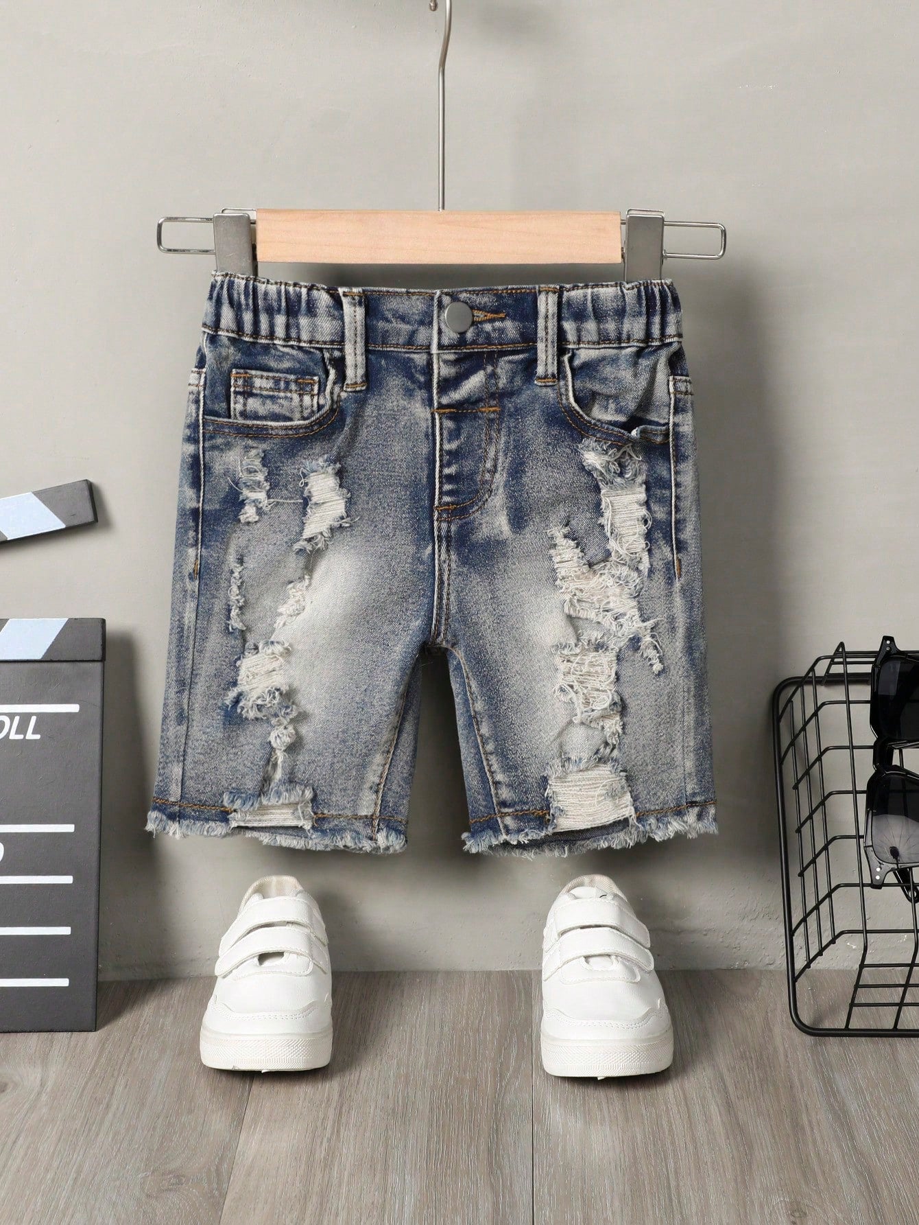 Young Boys' Sandblasted + Horse Spray + Street Cut-Up And Washed Ripped Denim Shorts