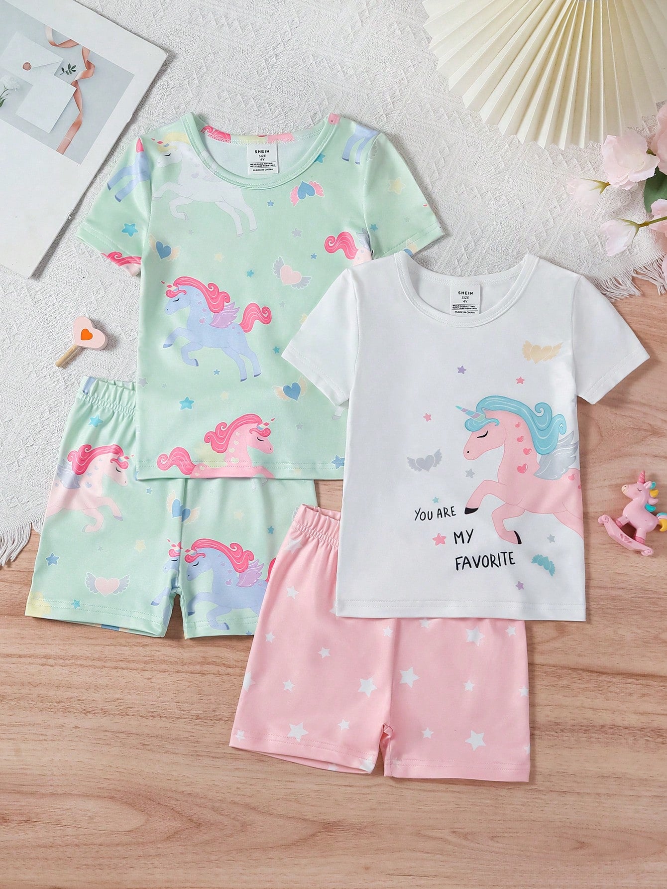 Young Girl Cartoon Unicorn Print Short Sleeve And Shorts Casual Two-Piece Set Snug Fit Home Clothing