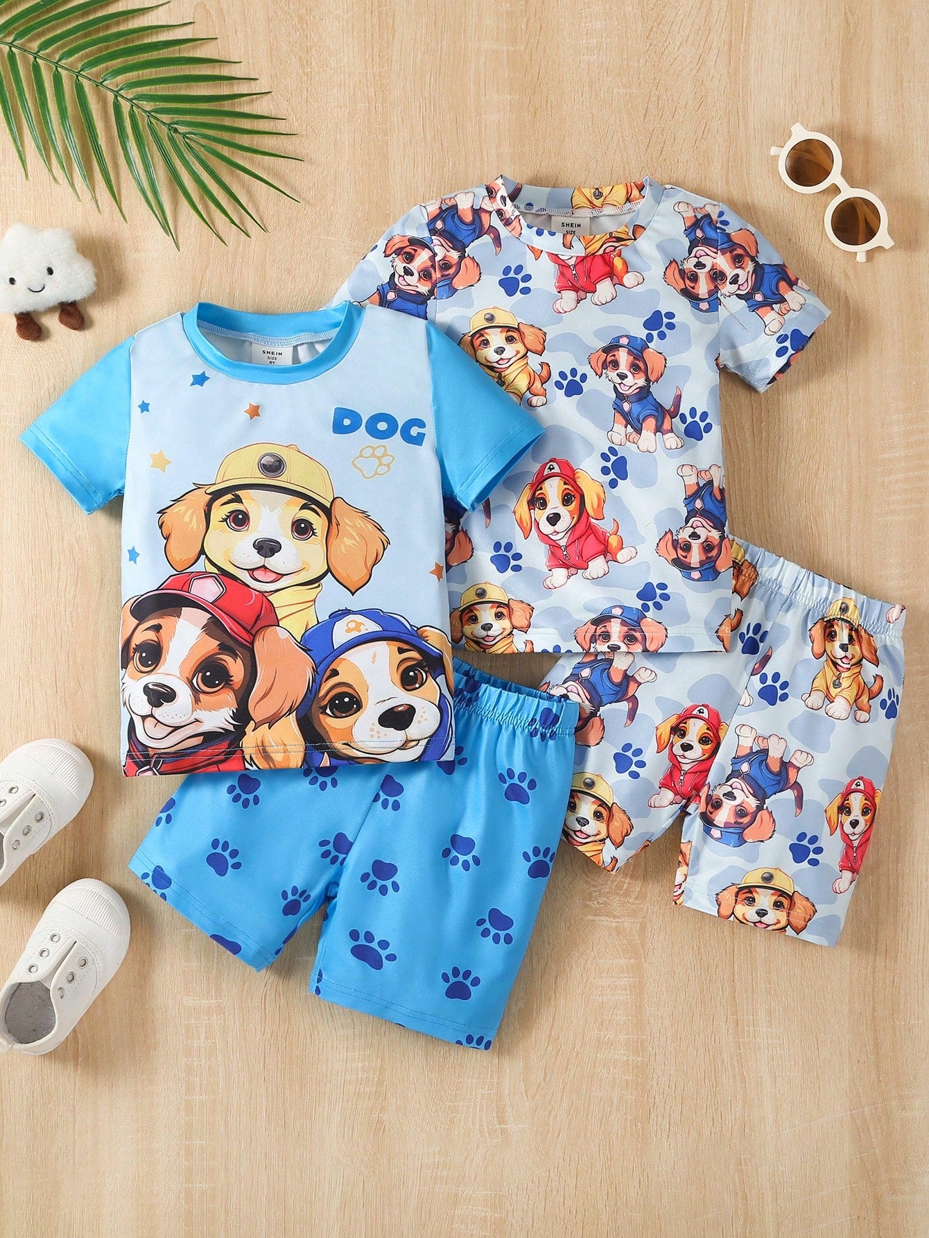 Young Boy Simple Dog Printed Shorts And Short Sleeve Snug Fit Pajama Set For Home Leisure